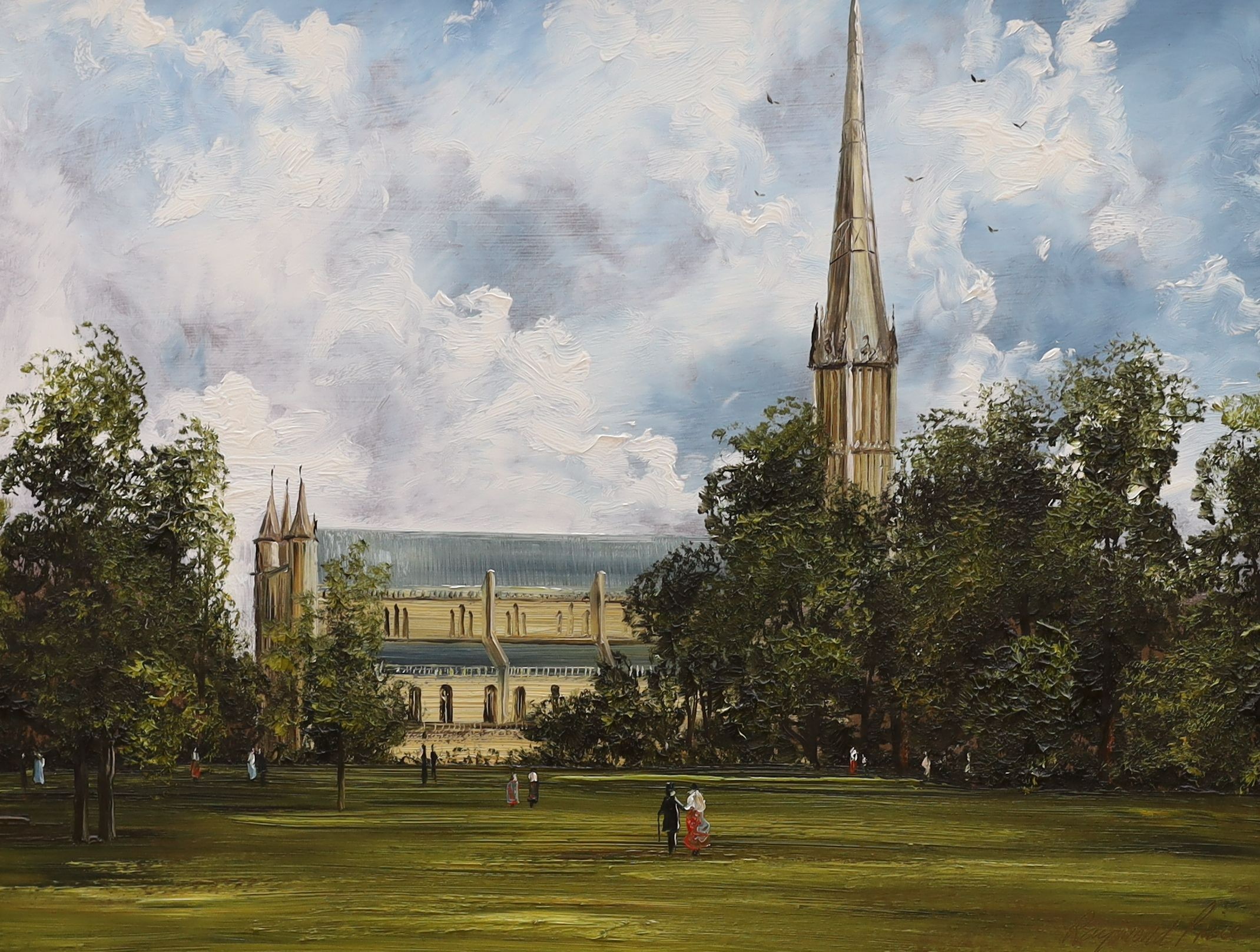 Raymond Price (20th century), four oils on board, Landscape after Constable, Beach scene, Salisbury Cathedral and Cattle on a lane, signed, largest 72 x 56cm